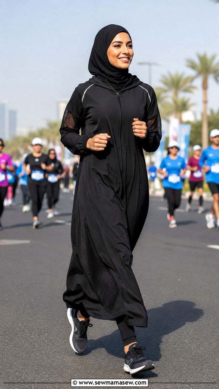 Sports abaya with running sneakers and mesh panel hijab - 25 Modest running outfit ideas with hijab