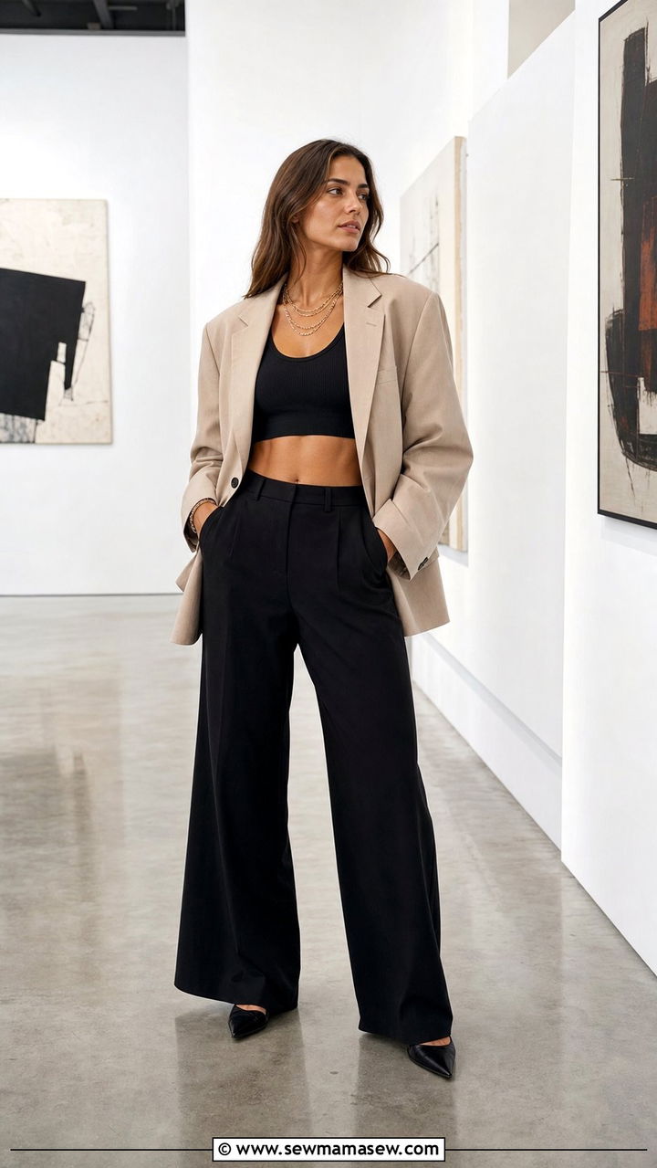 Sports bra under oversized blazer with wide leg pants - 25 spring mode sportif outfit ideas