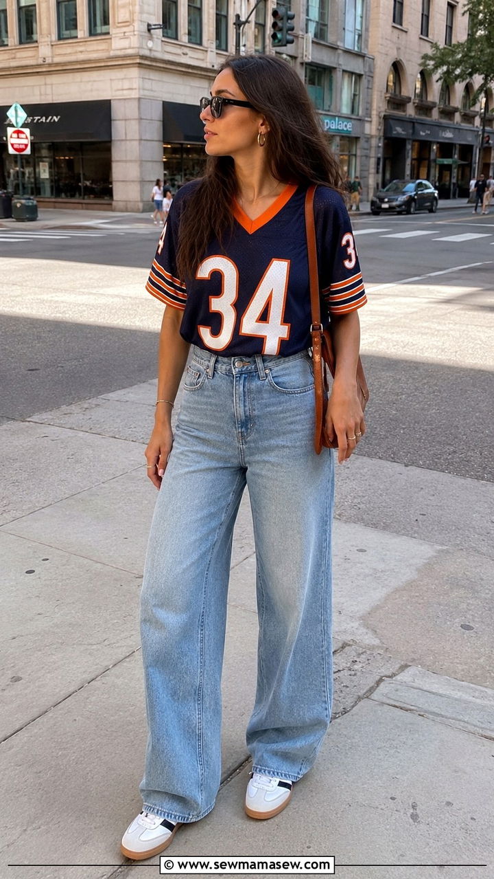 Sports jersey and wide leg jeans outfit - 30 casual sporty chic outfits