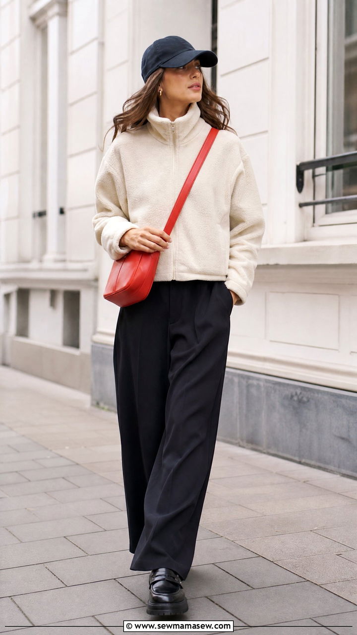 Sporty Fleece and Wide Leg Trousers Spring Rain Outfit - 25 Spring rain outfit ideas