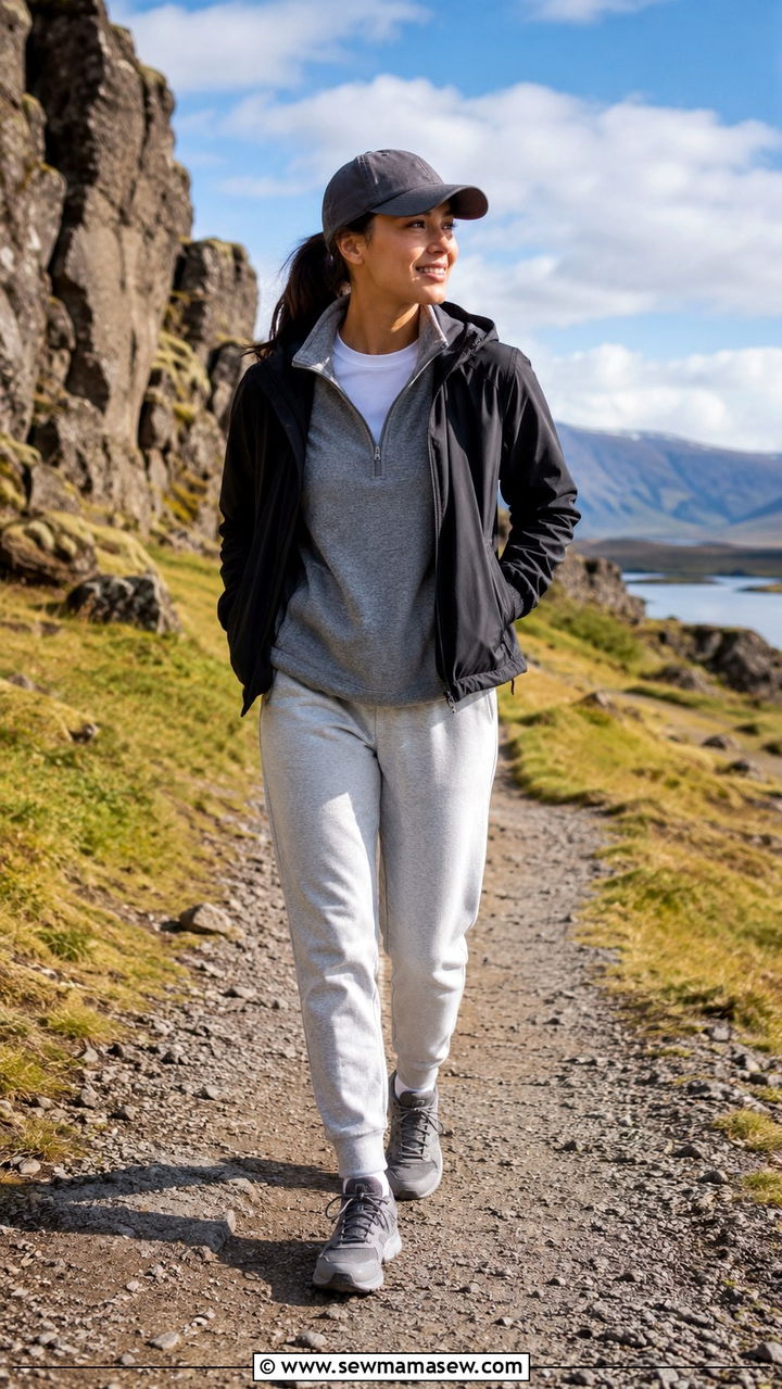 Sporty Half Zip Pullover with Grey Joggers and Trail Sneakers - 30 Iceland outfit ideas