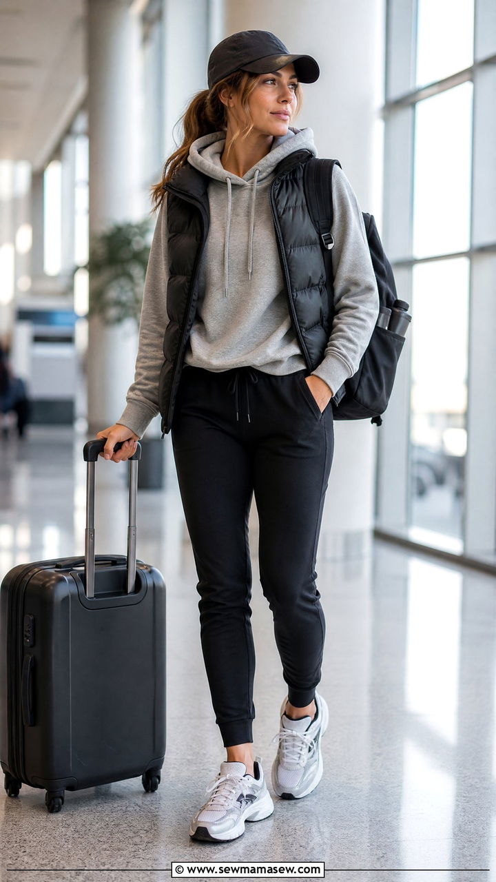 Sporty Hoodie With Fitted Joggers Airport Outfit - 30 modest airport outfit ideas