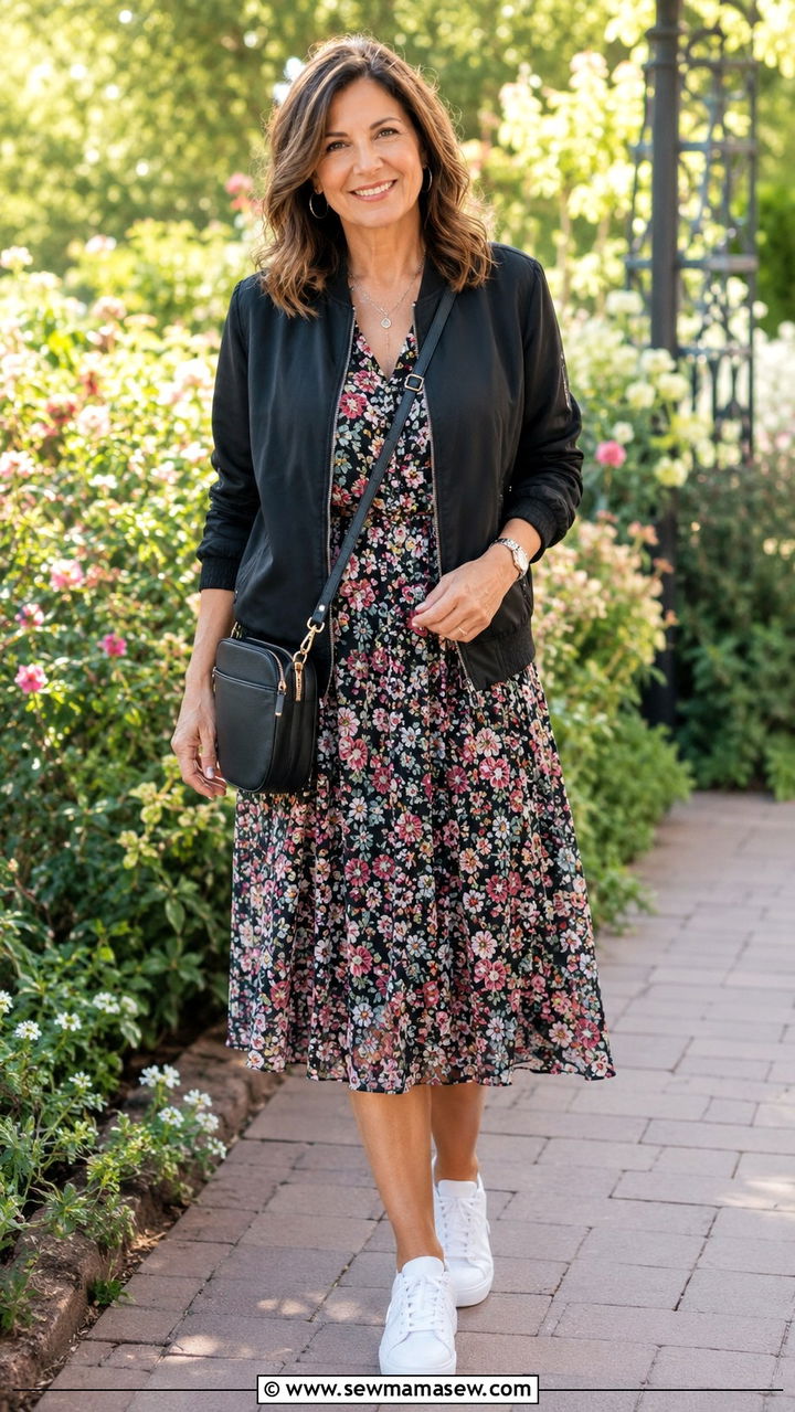 Sporty Jacket Over Floral Dress Over 50 - 30 Outfit ideas for women over 50 sporty chic