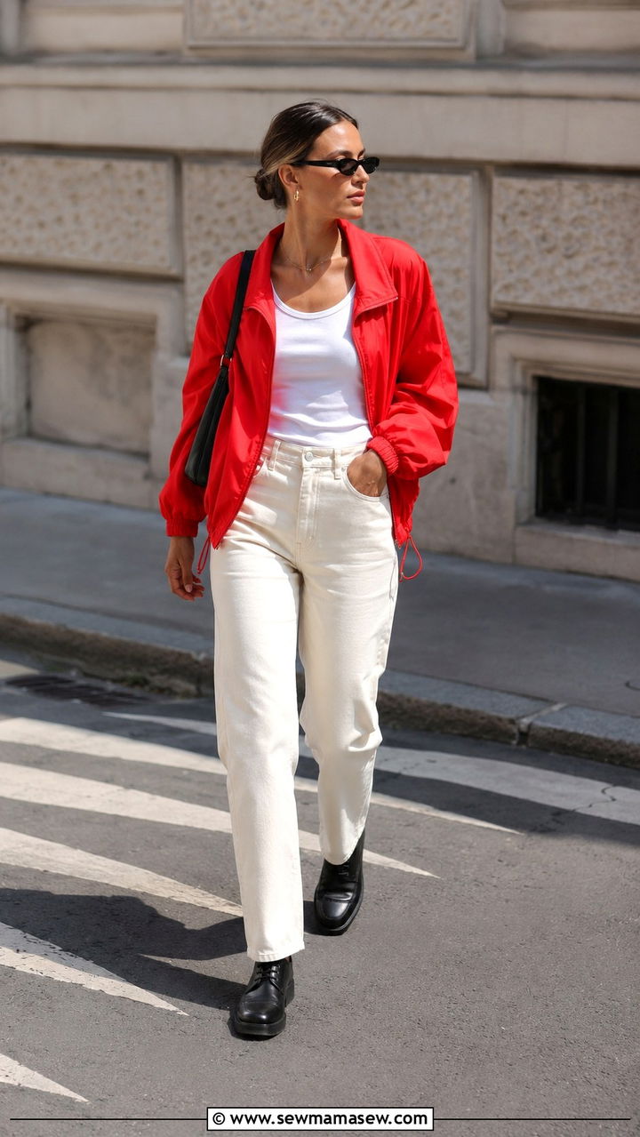 Sporty Jacket with White Jeans and Derby Shoes - 30 spring to summer outfits 2026