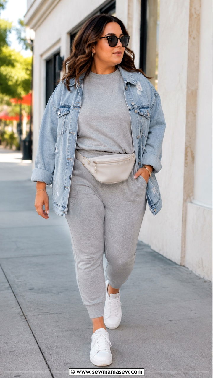 Sporty Jogger Set with Denim Jacket Outfit - 30 casual outfits for midsize women