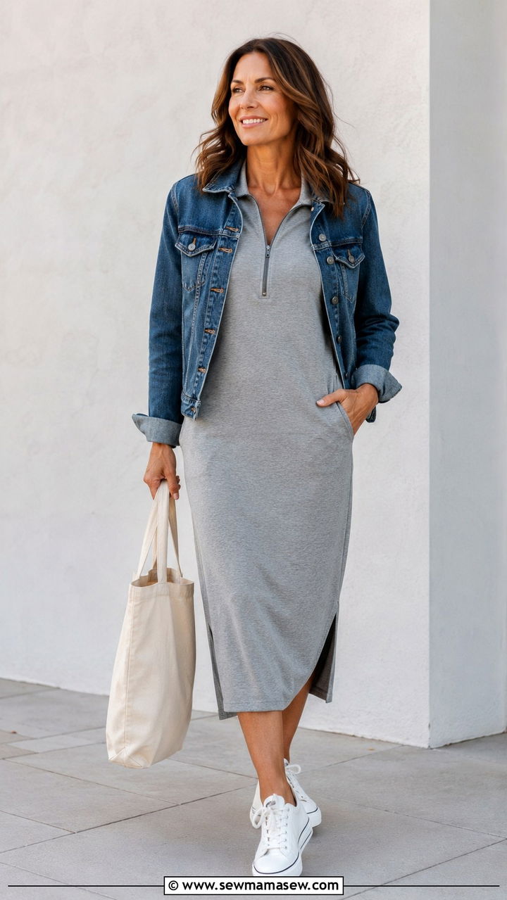 Sporty Midi Dress with a Denim Jacket and Platform Sneakers - 30 Outfit ideas for women over 40 sporty chic
