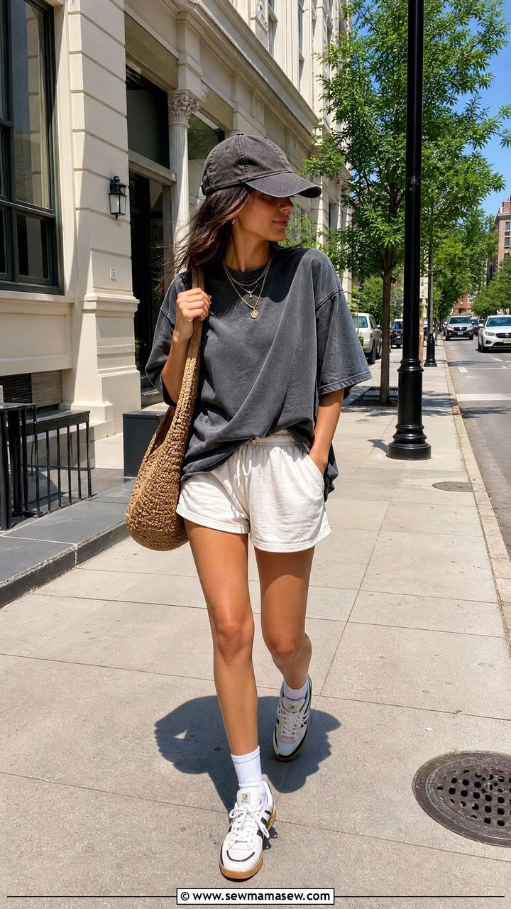 Sporty Oversized Tee and Cotton Shorts Combo - 30 Breezy summer day outfit ideas