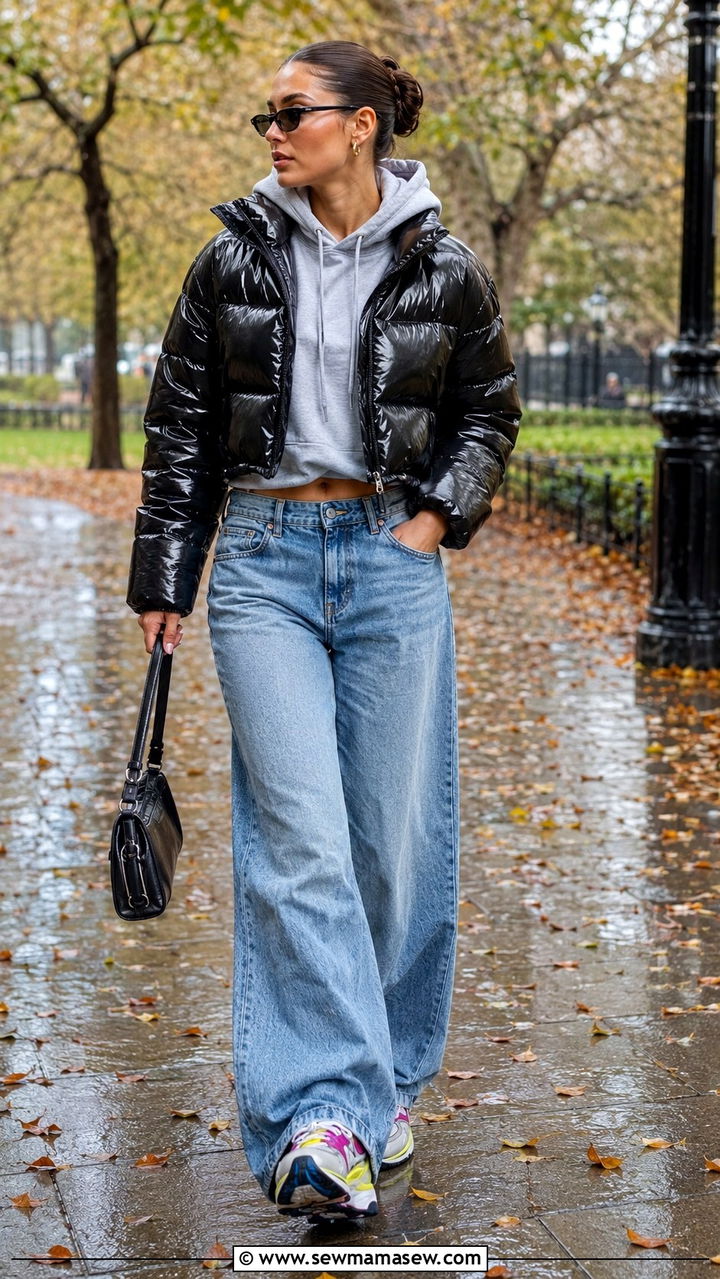 Sporty Puffer Jacket with Wide Leg Jeans and Colorful Sneakers - 20 rainy day outfits 2026