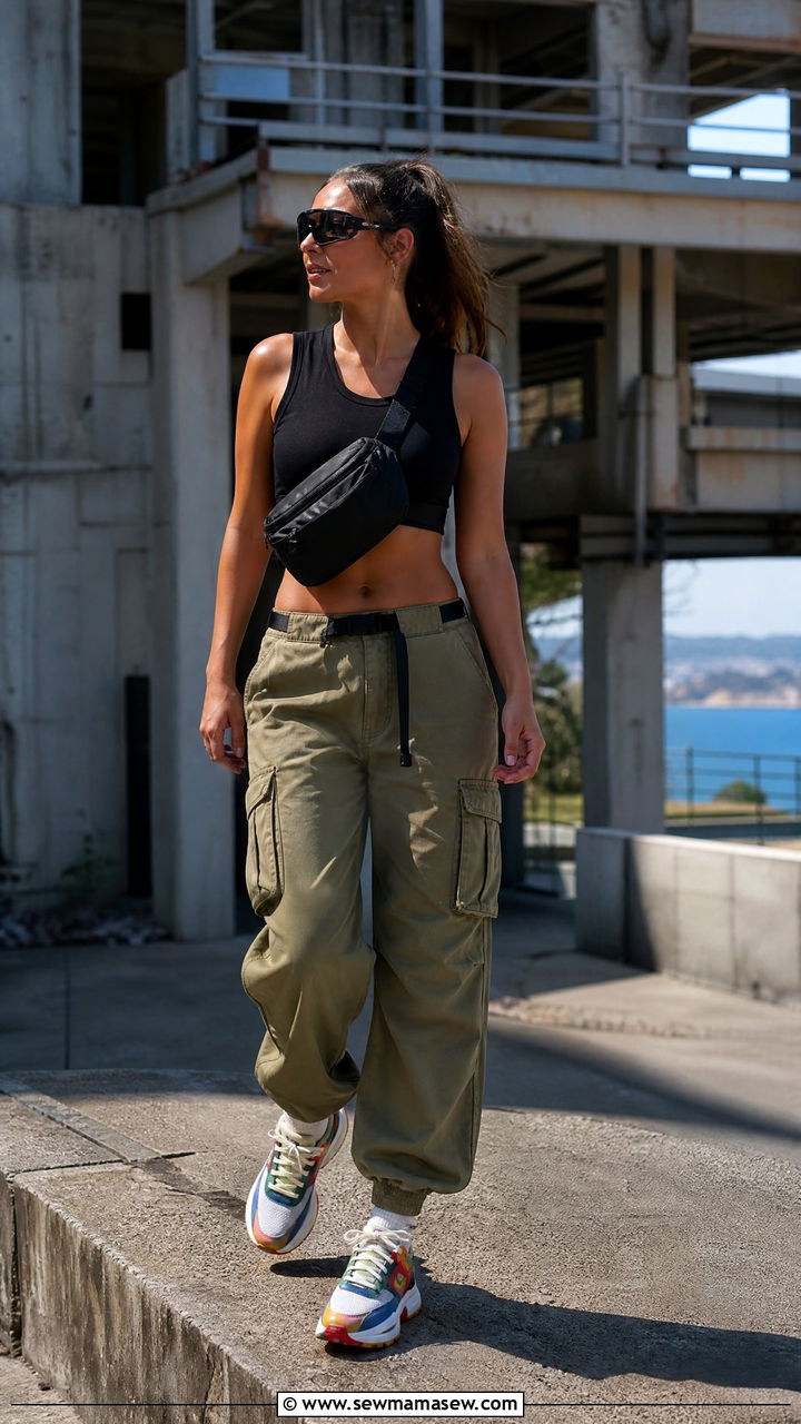 Sporty Sneakers with Cargo Pants and Cropped Top - 30 summer sneaker outfit ideas