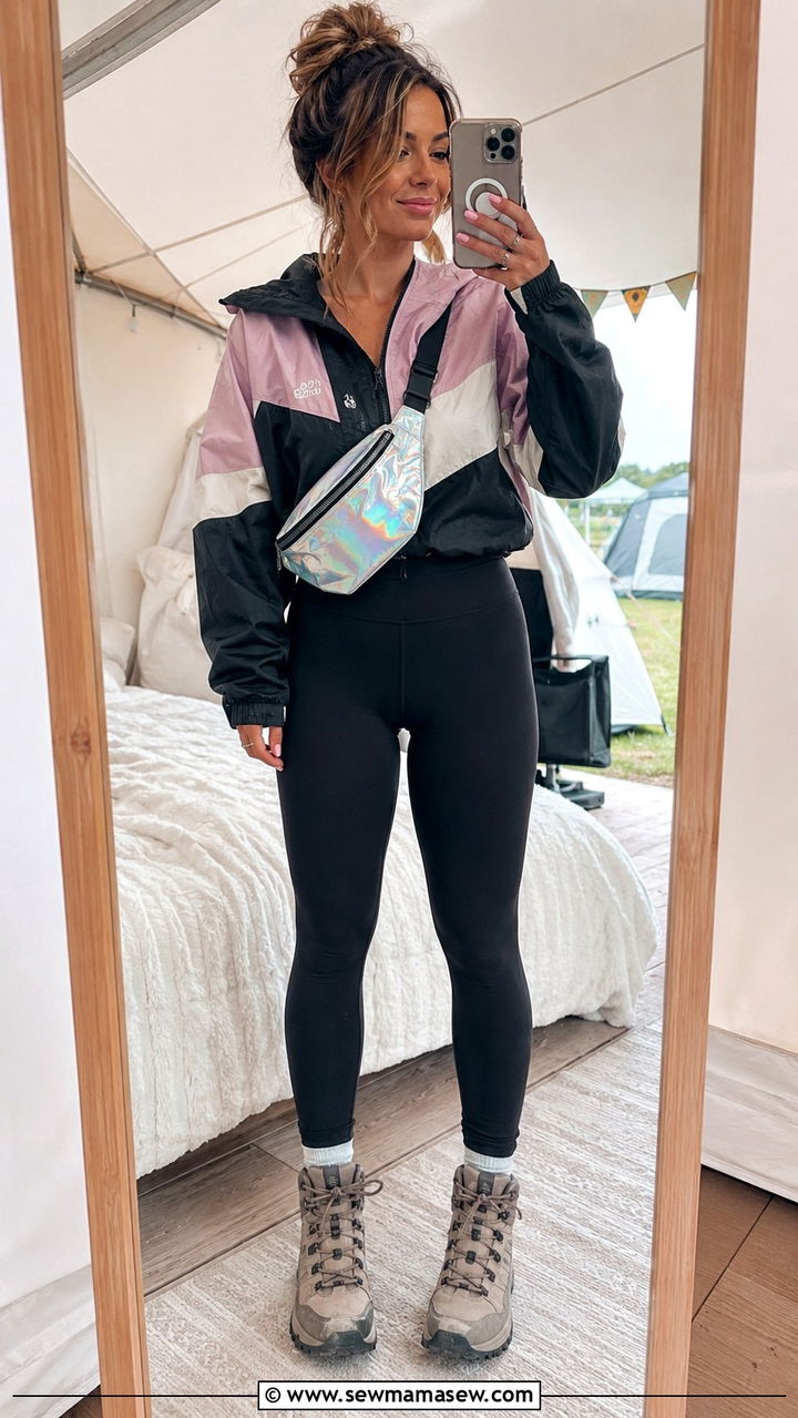 Sporty Windbreaker With Leggings and Hiking Boots - 25 Rainy festival outfit ideas