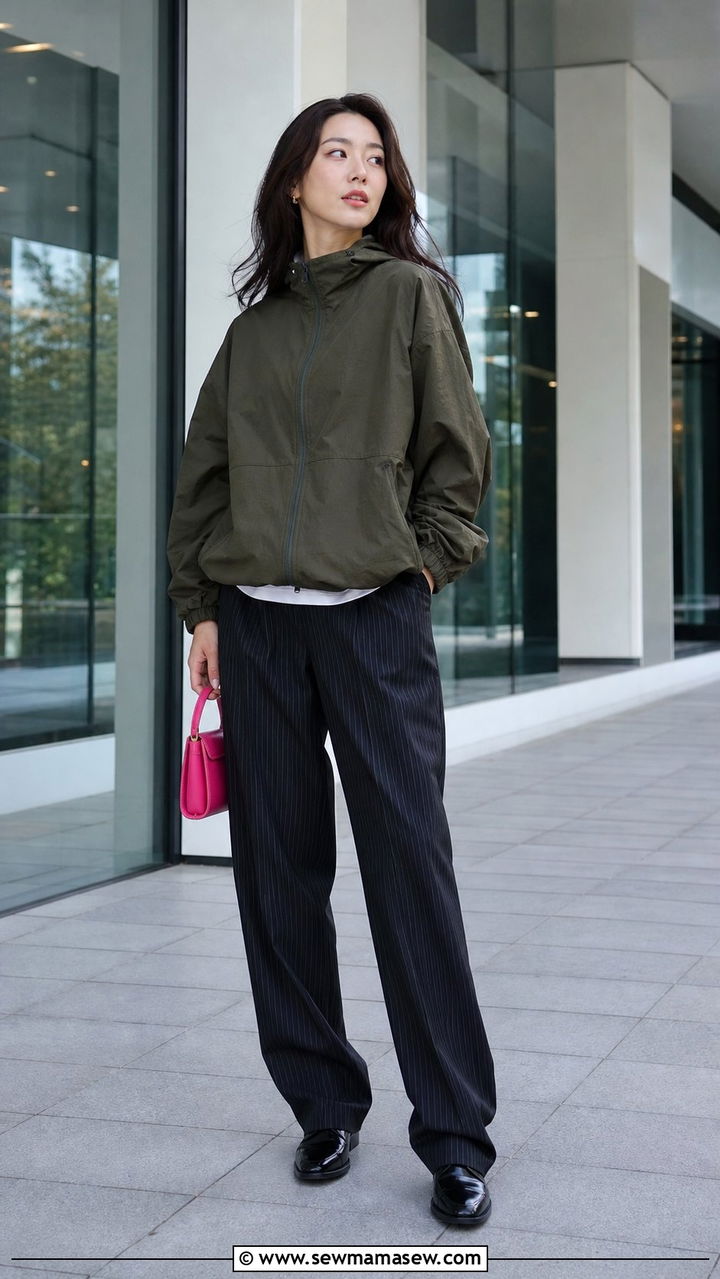 Sporty Windbreaker With Pinstripe Trousers And Pink Bag - 35 April outfit ideas