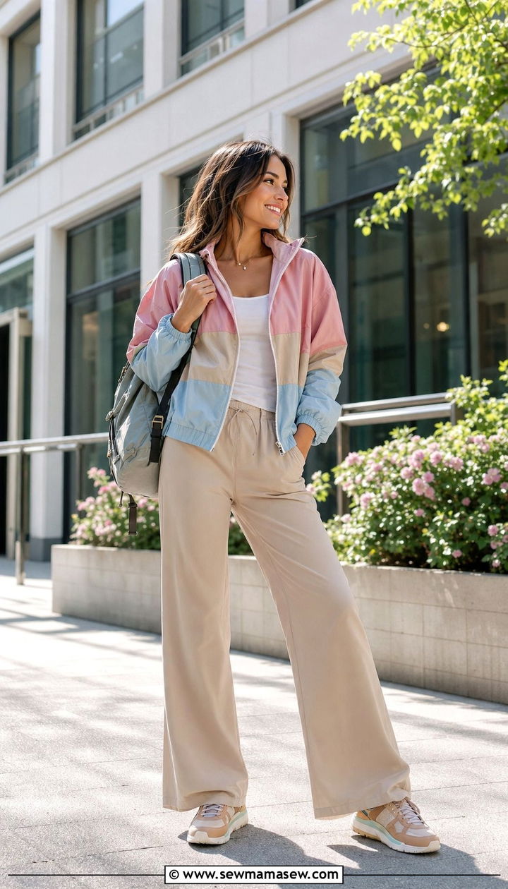 Sporty Windbreaker With Wide Leg Trousers and Sneakers - 25 spring outfits 2026 women to copy