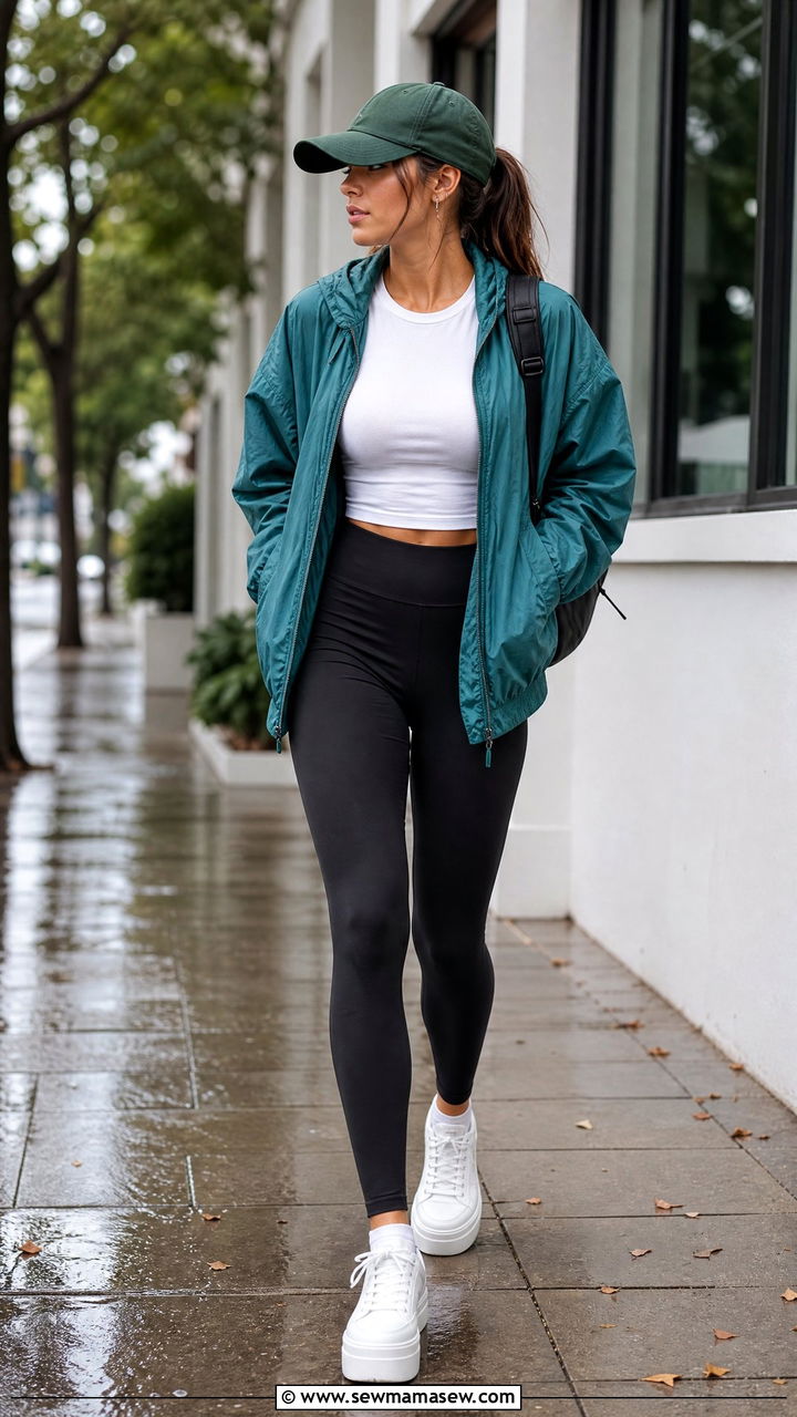 Sporty Windbreaker with High Waisted Leggings - 25 rainy day outfits aesthetic