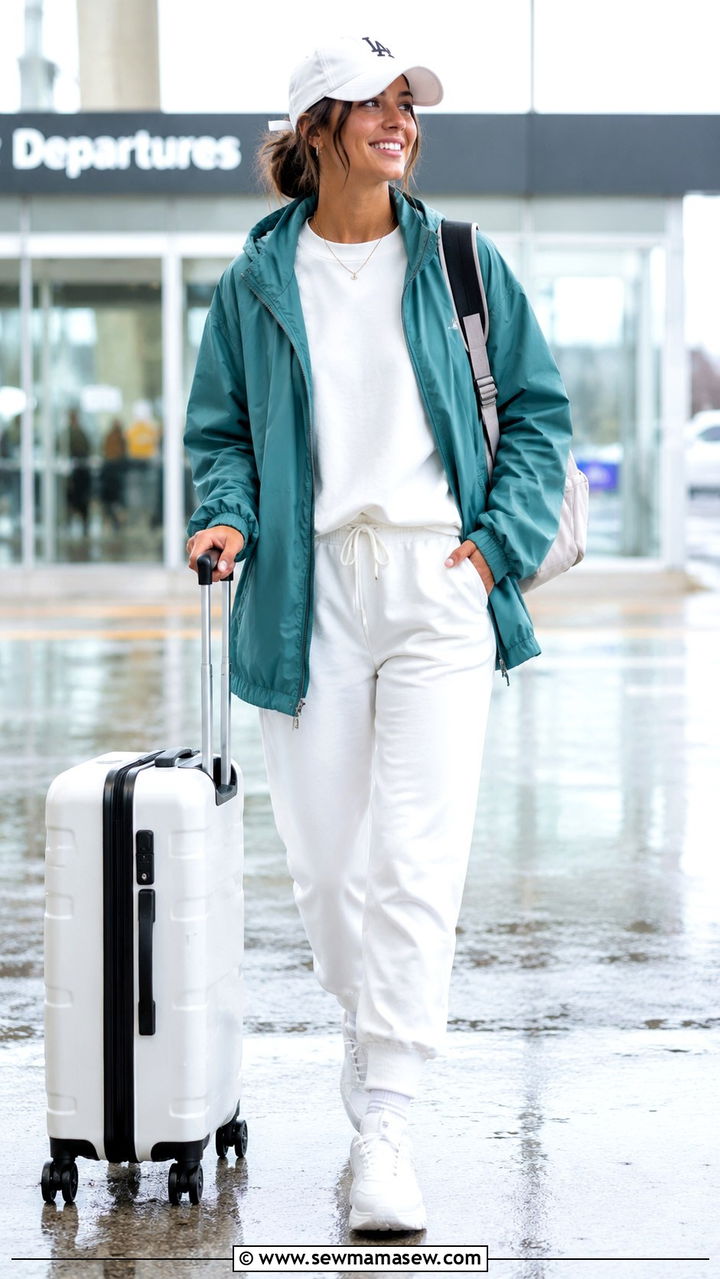 Sporty Windbreaker with White Lounge Set - 30 Rainy vacation outfit ideas