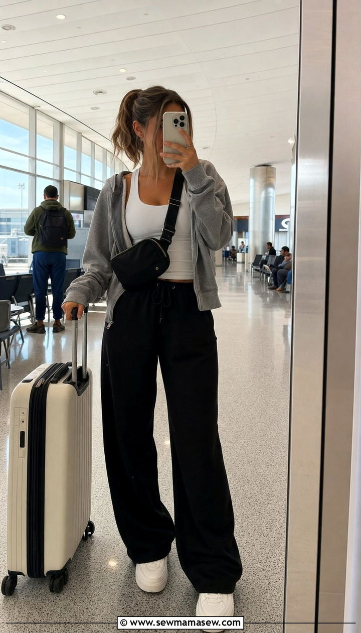 Sporty Zip Up Hoodie with Wide Leg Sweatpants - 25 Clean girl outfit ideas for airport
