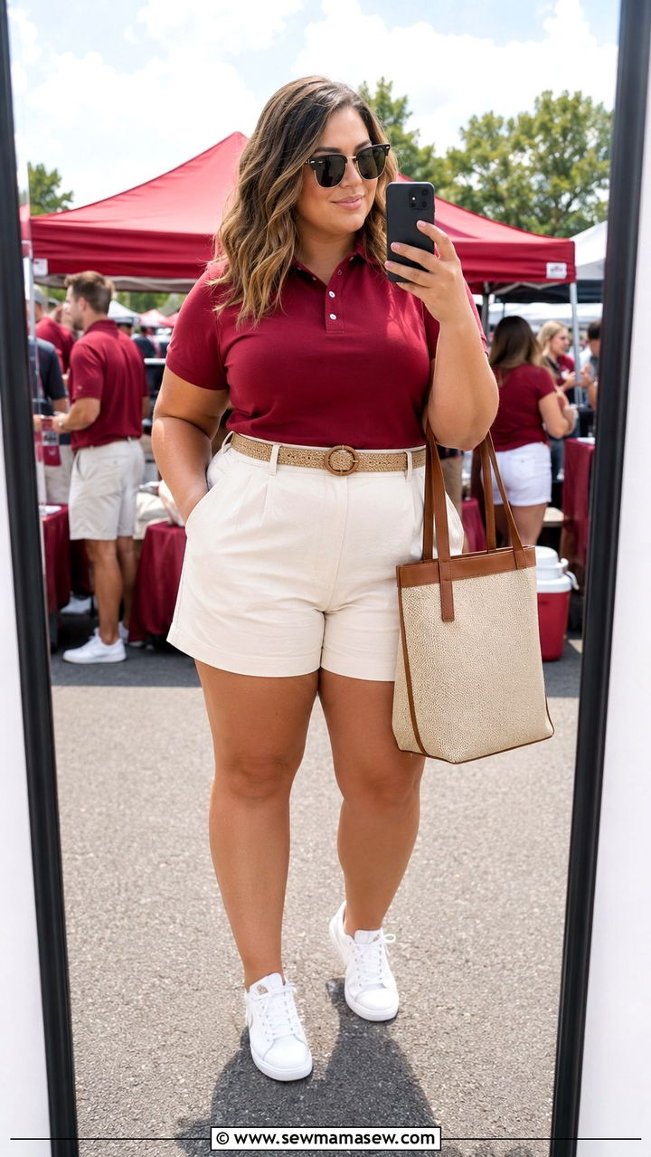 Sporty polo shirt with trouser shorts and white sneakers outfit - 30 Plus size tailgate outfit ideas