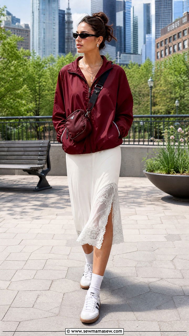 Sporty windbreaker with lace trim midi skirt - 25 fashion inspo outfits 2026