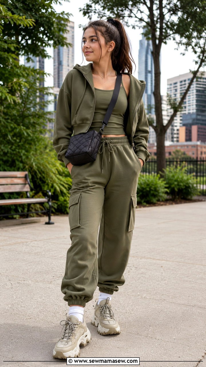 Sporty zip hoodie and cargo jogger matching set - 25 Back to school matching set outfit ideas
