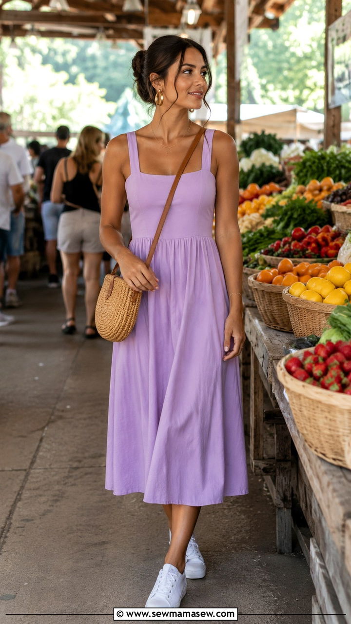 Spring Athletic Build Outfit With A Line Midi Dress And White Sneakers - 30 Spring outfits for athletic build