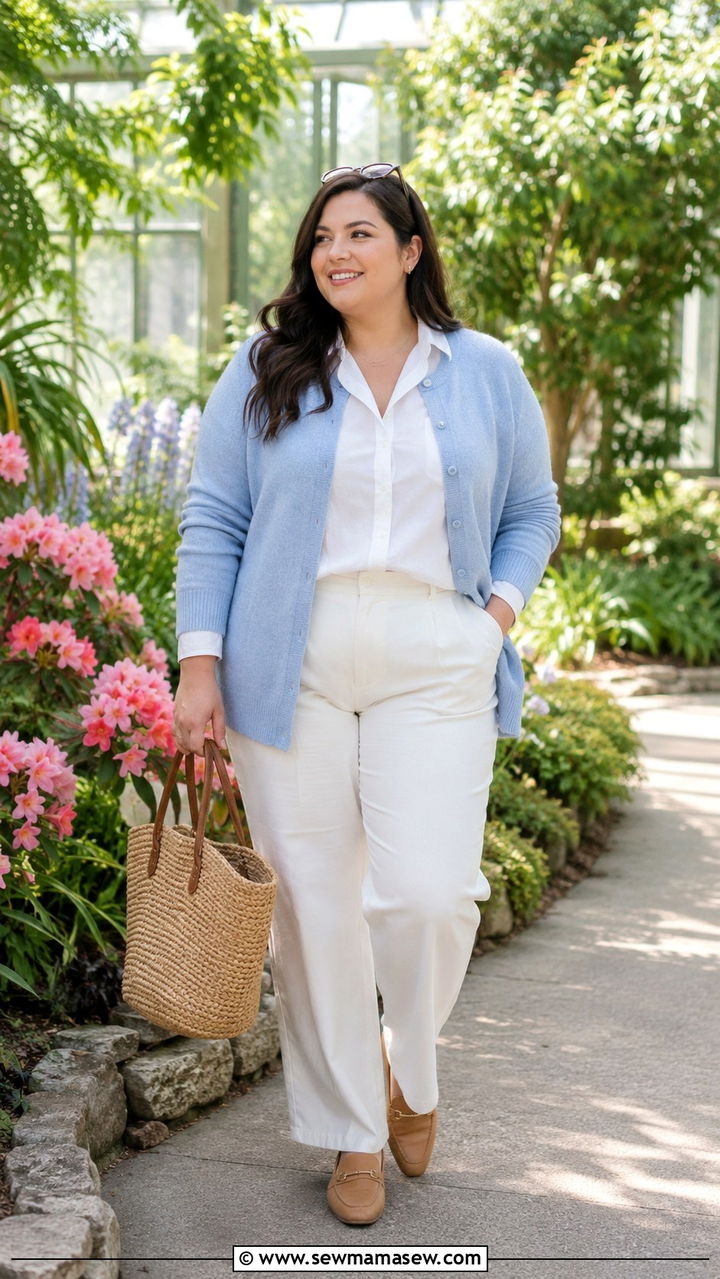 Spring Cardigan and White Pants Look - 25 Plus size outfit ideas old money