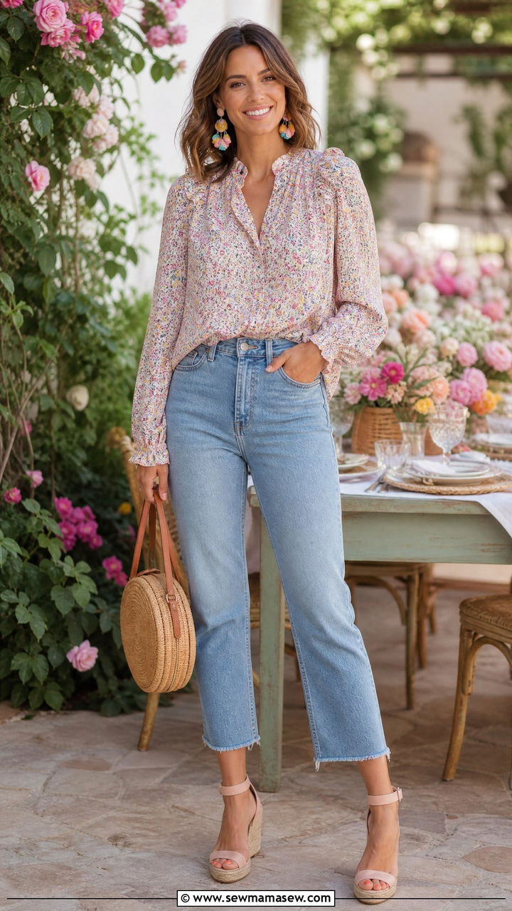 Spring Floral Blouse and Cropped Jeans - 35 jeans outfits ideas