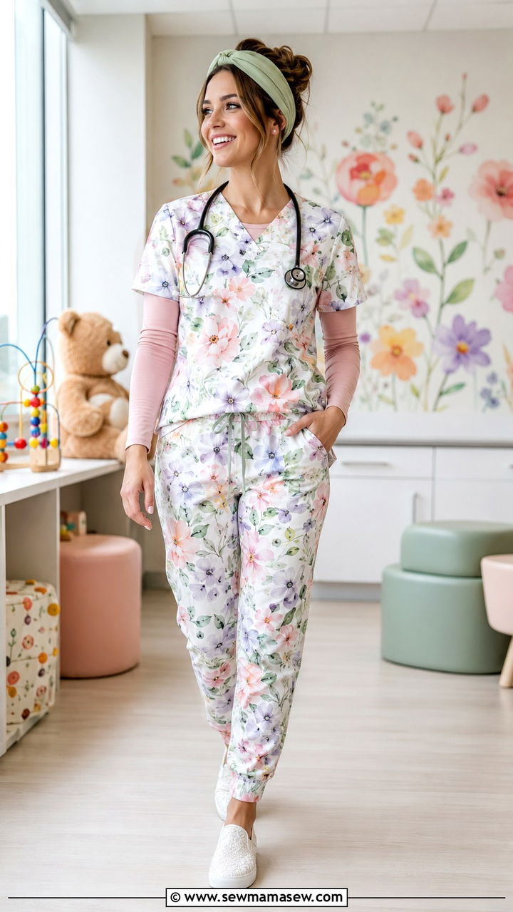 Spring Floral Scrub Set With Pastel Underscrub Long Sleeve - 25 Pediatric nurse outfit ideas
