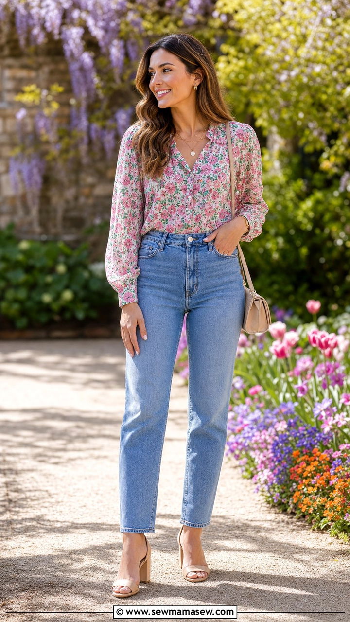 Spring Mom Jeans Outfit with a Floral Blouse - 25 spring mom jeans outfit ideas
