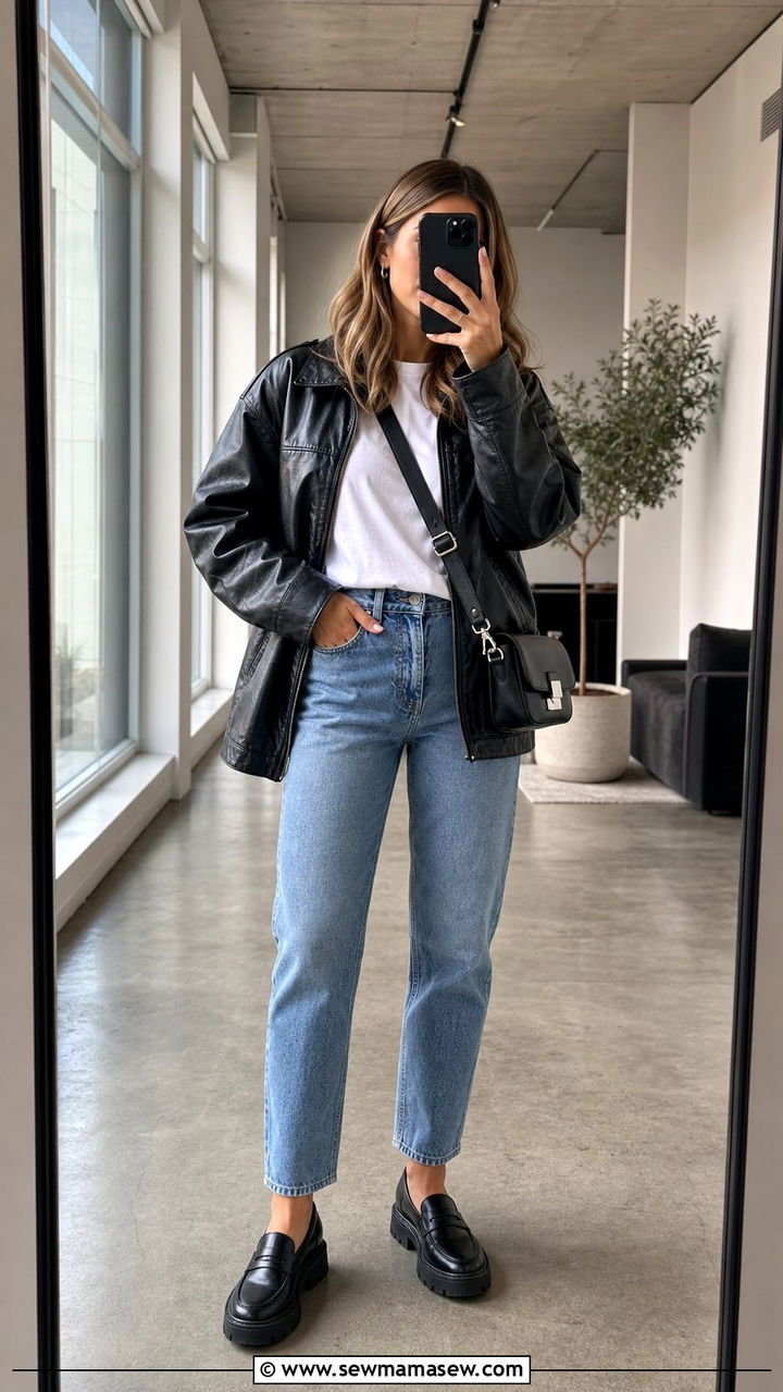 Spring Mom Jeans Outfit with a Leather Jacket - 25 spring mom jeans outfit ideas