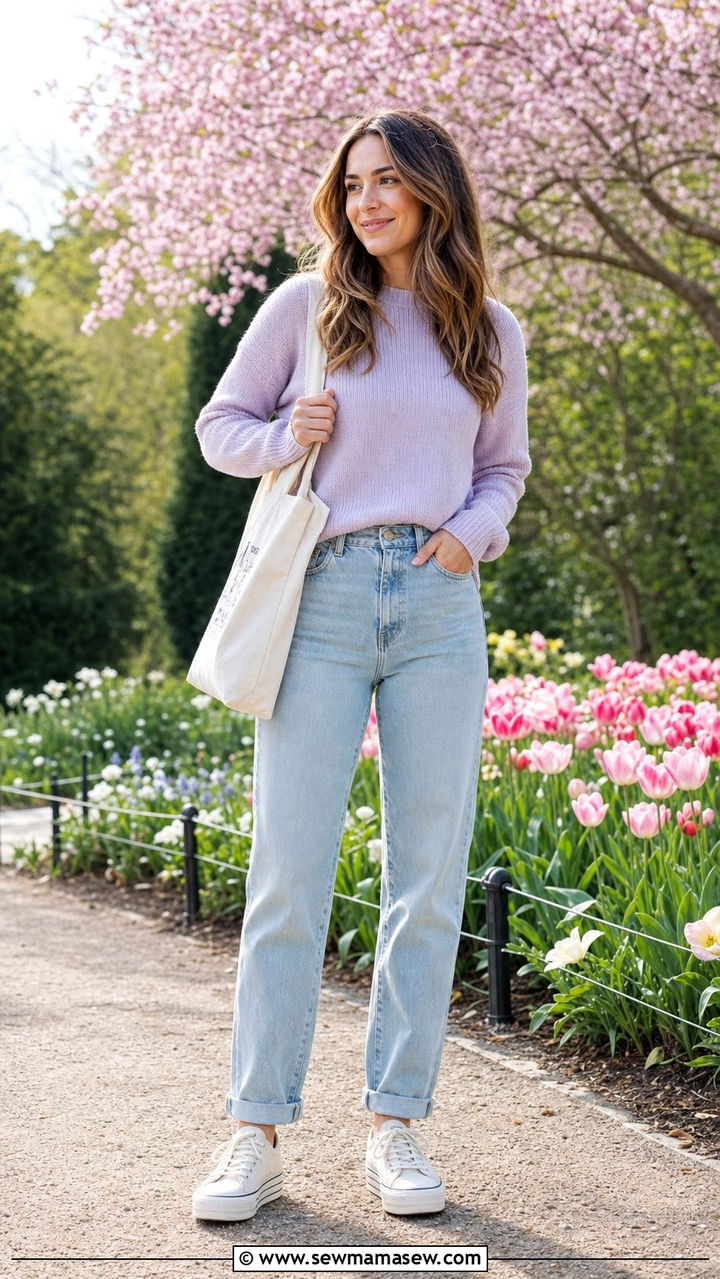 Spring Mom Jeans Outfit with a Lightweight Knit Sweater - 25 spring mom jeans outfit ideas