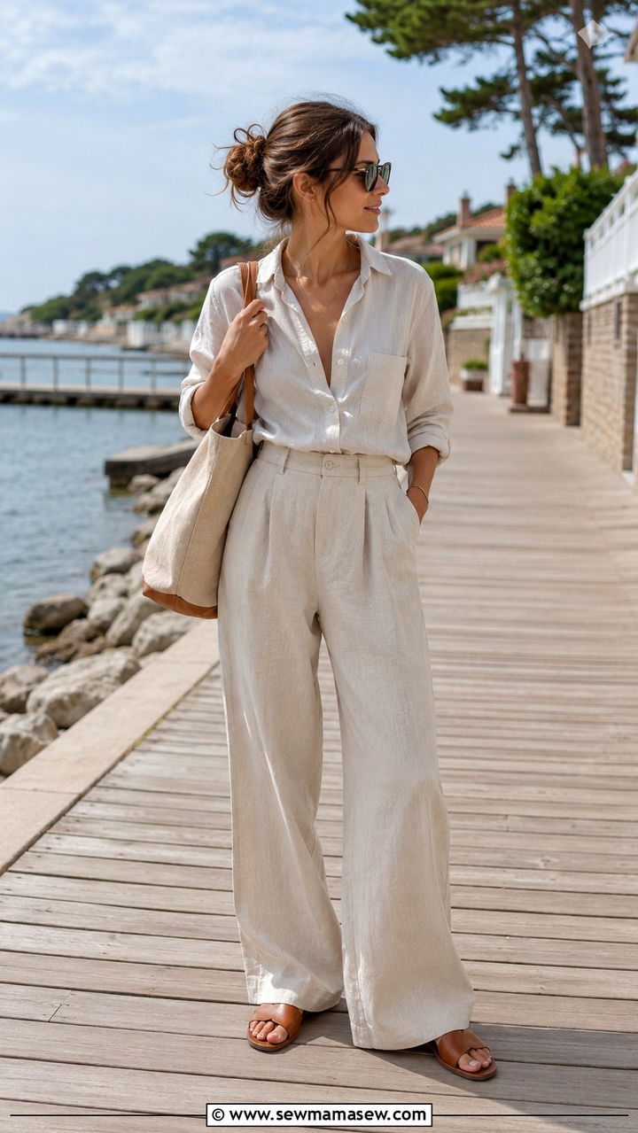 Spring Scandi outfit with linen shirt and wide leg trousers - 30 spring scandinavian outfit ideas