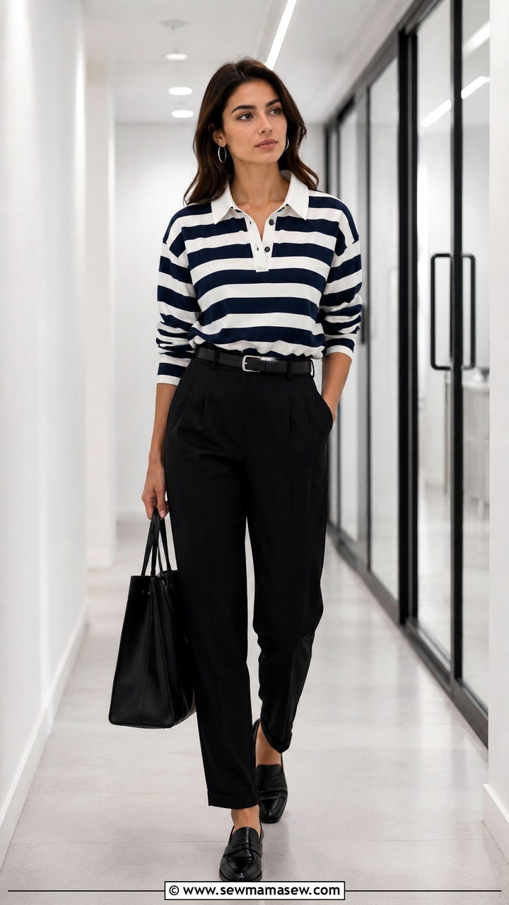 Spring Scandi outfit with rugby shirt and tailored trousers - 30 spring scandinavian outfit ideas