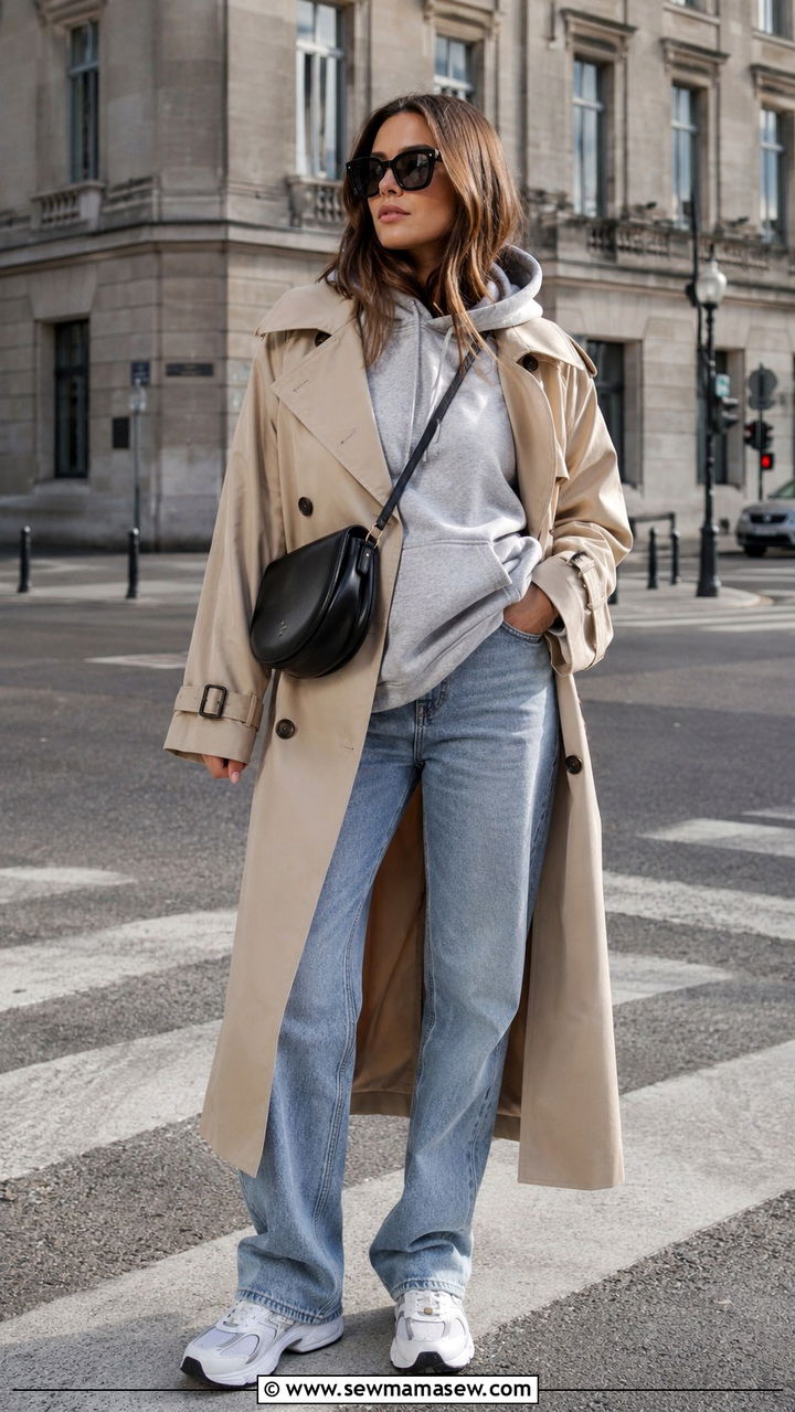 Spring Scandi outfit with trench coat over hoodie and sneakers - 30 spring scandinavian outfit ideas