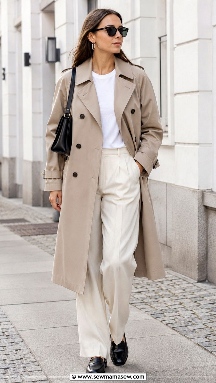 Spring Scandinavian outfit with trench coat and wide leg trousers - 30 spring scandinavian outfit ideas