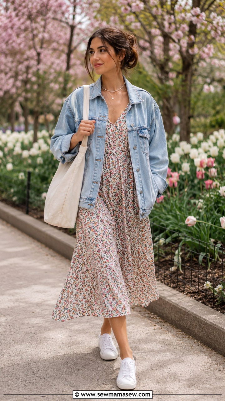 Spring Travel Outfit With Denim Jacket and Midi Dress - 25 travel outfits Pinterest