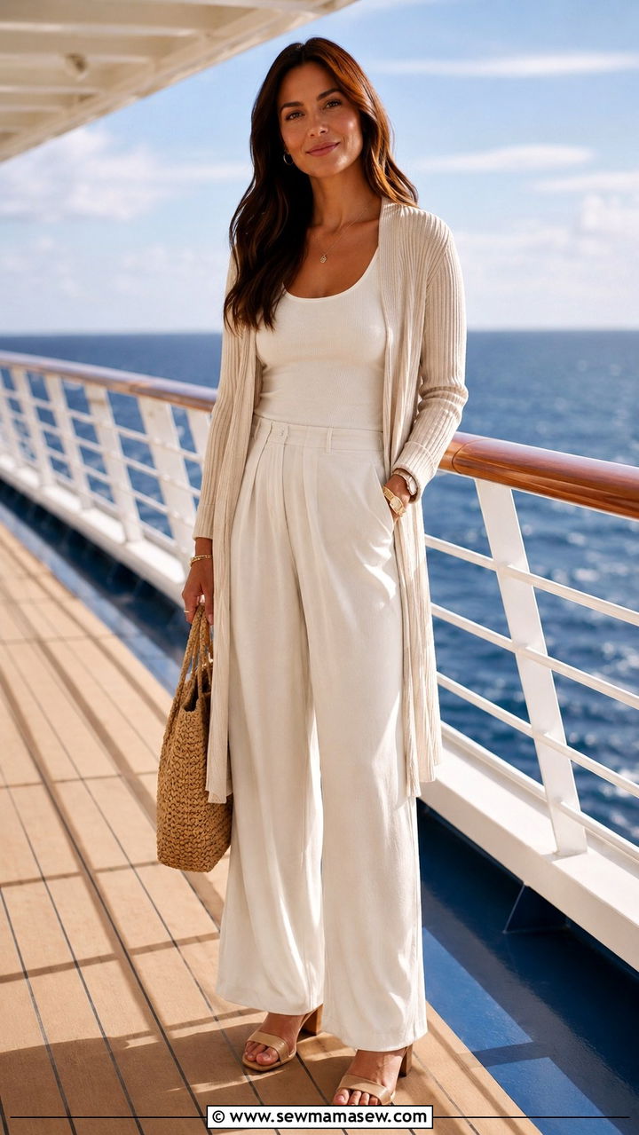 Spring cruise outfit with cardigan and wide leg pants - 25 seasonal cruise outfit ideas