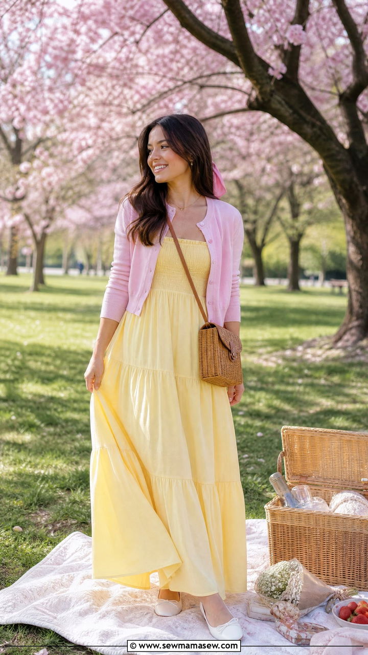 Spring maxi dress with pastel cardigan - 30 Maxi dress outfit ideas with a cardigan