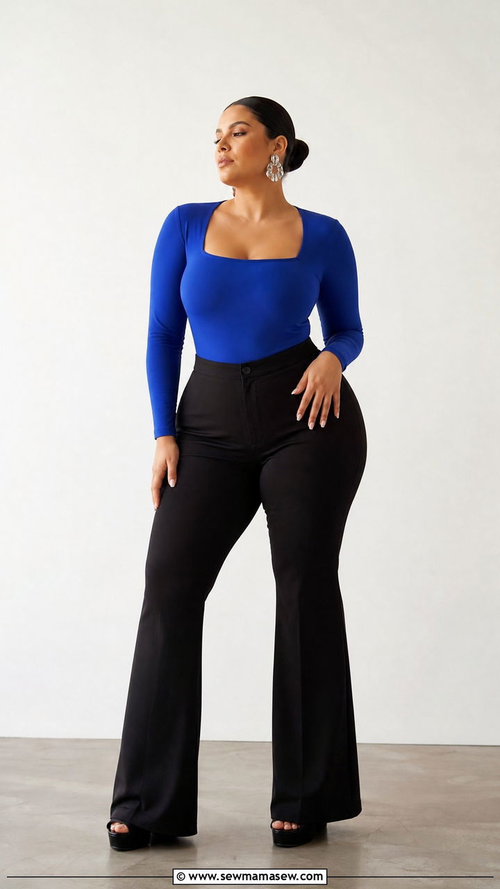 Square Neck Bodysuit With Flare Pants Photoshoot - 25 Photoshoot outfits for pear shape