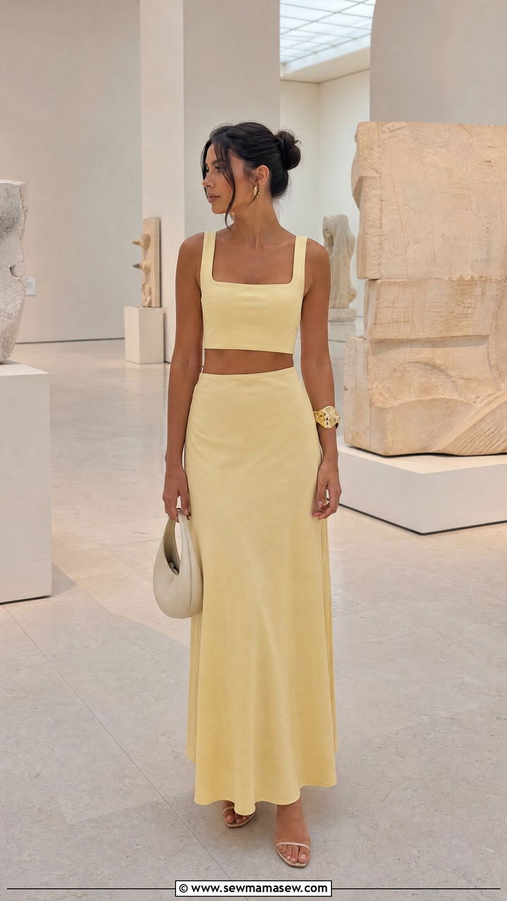 Square Neck Cropped Top and Maxi Skirt Set - 30 Matching set outfit ideas for vacation