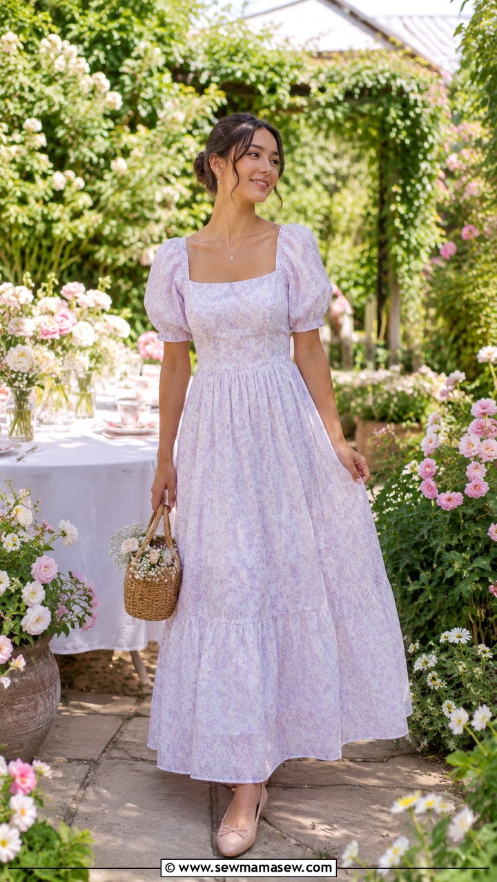 Square Neck Maxi Dress With Puff Sleeves And Ballet Flats - 30 Maxi dress with sleeves outfit ideas