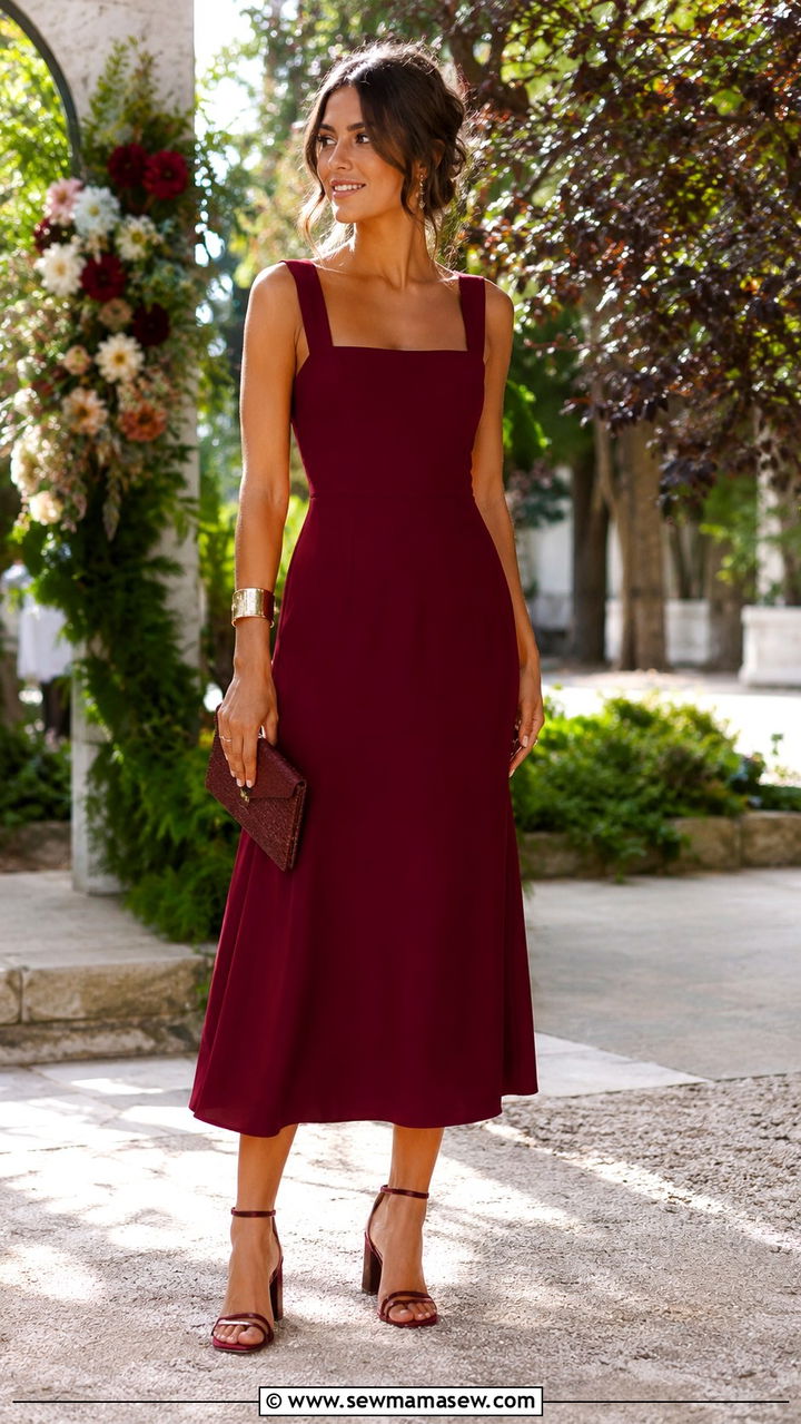 Square Neck Midi Dress With Block Heels - 25 wedding guest outfits for women with wide hips