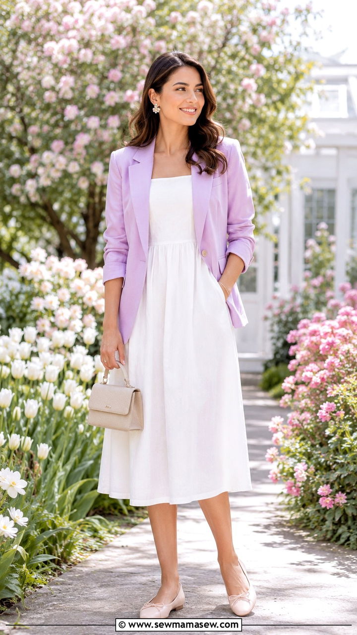 Square Neck Midi Dress With Pastel Blazer - 30 Midi dress outfit ideas with a blazer
