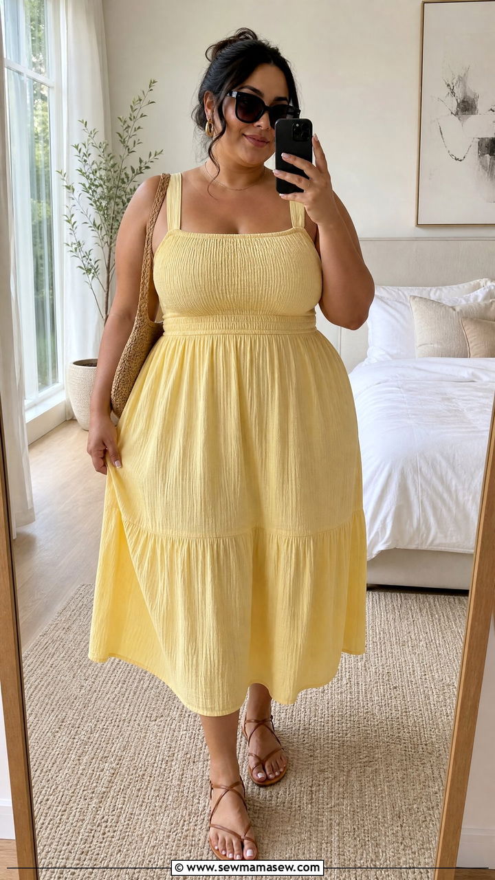 Square Neck Midi Dress with Strappy Sandals - 25 Outfit ideas for big bust summer