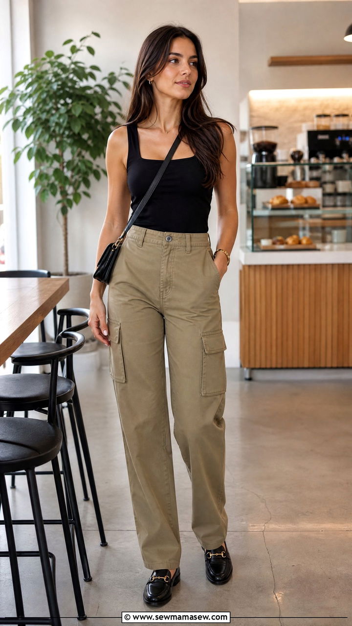 Square Neck Tank Top With Cargo Pants and Loafers - 25 Cargo pants outfit ideas with tank top