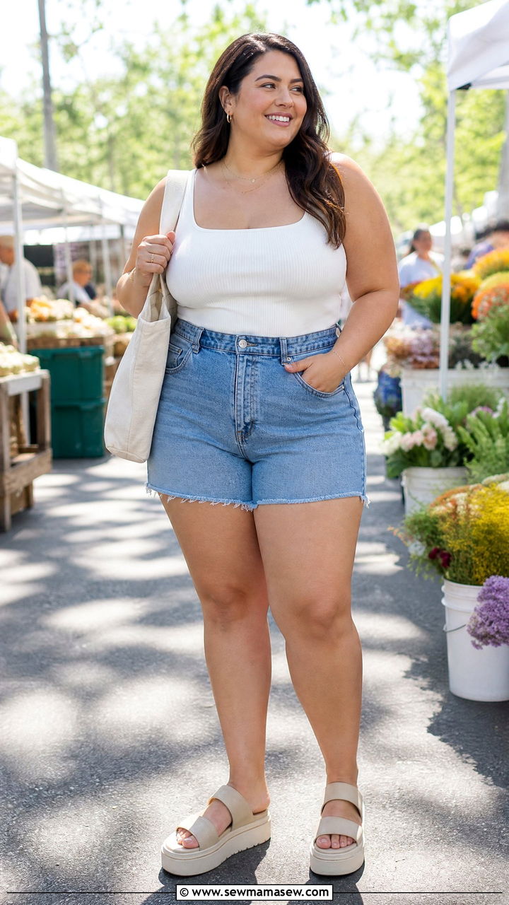 Square Neck Tank Top with High Waisted Denim Shorts - 25 Outfit ideas for big bust summer