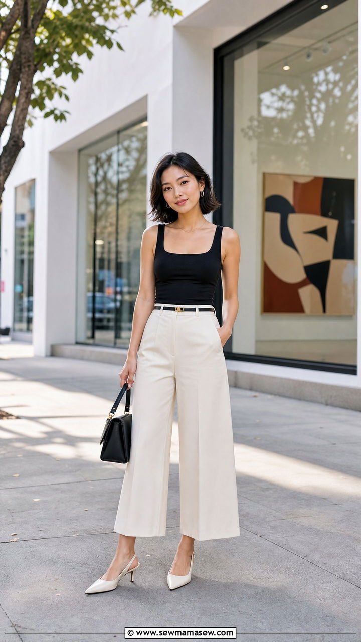Square Neck Tank With Tailored Wide Leg Crop Pants - 30 Summer capsule wardrobe for petite women