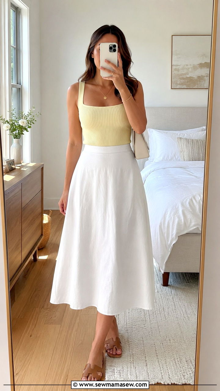 Square Neck Top and A Line Midi Skirt Outfit - 20 spring outfits for women with big bust