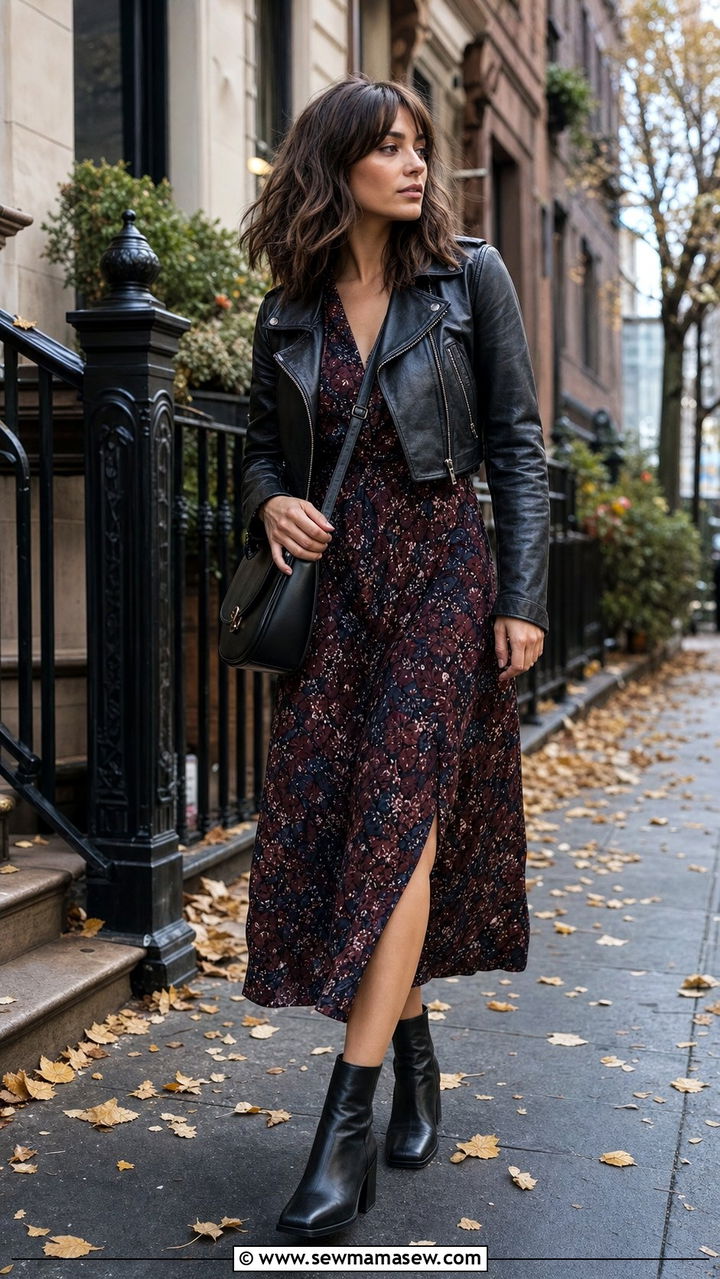 Square Toe Ankle Boots with Floral Midi Dress - 25 Square toe heel outfit ideas