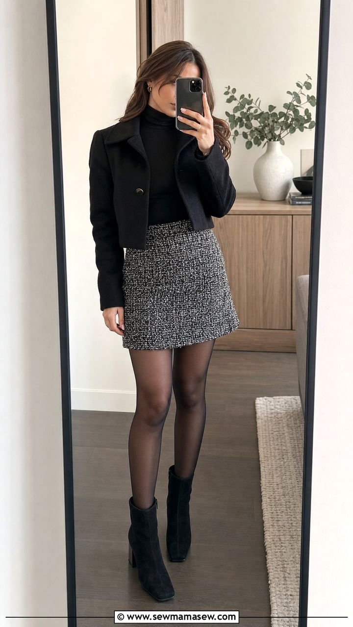 Square Toe Ankle Boots with Mini Skirt - 25 Square toe heel outfit ideas