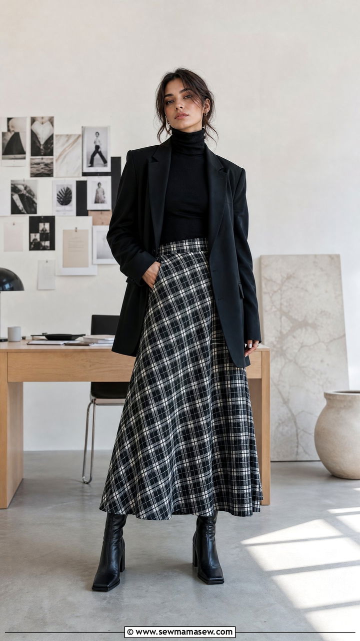 Square Toe Knee High Boots and a Plaid Maxi Skirt - 25 Knee high boots outfit ideas with a skirt