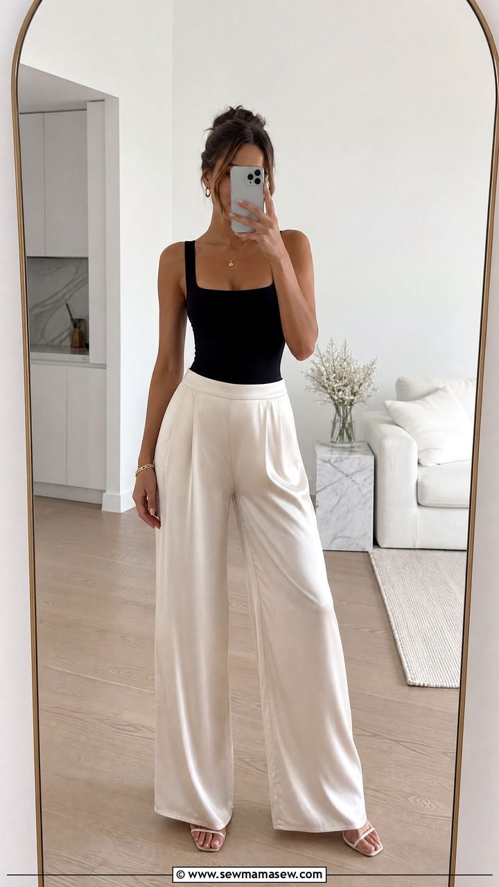 Square neck bodysuit and wide leg pants - 25 Flattering outfits for small bust